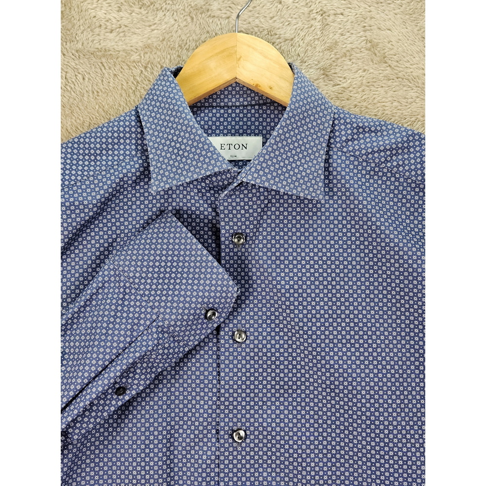 ETON Dress Shirt Geometric-Print Button-down Slim-fit Fine Twill Shirt Blue Size - Picture 1 of 10